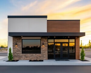 Fast-casual restaurant with drive-thru and bright signage, high-traffic location
