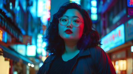 Overweight Asian woman in a modern urban setting street with confident neon light background