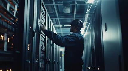 IT technician installing and configuring hardware systems in a corporate office.
