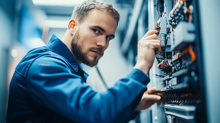 IT technician installing and configuring hardware systems in a corporate office.
