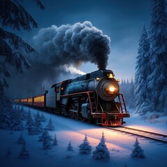 Old steam locomotive driving at night through a dreamlike snowy forest at christmas time