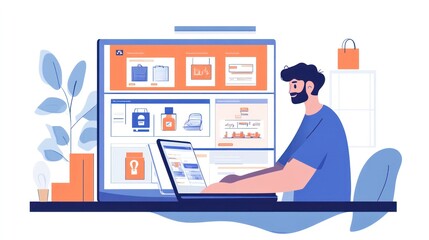 A businessman using a laptop to shop online, with virtual shopping screens displaying product categories and delivery options