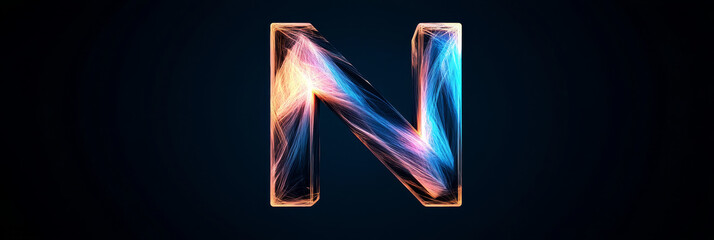 A glowing letter N, formed from lines of light, against a dark background.