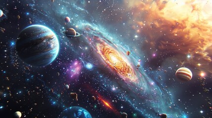 A captivating cosmic scene  vibrant planets, stars, and swirling nebulae in outer space