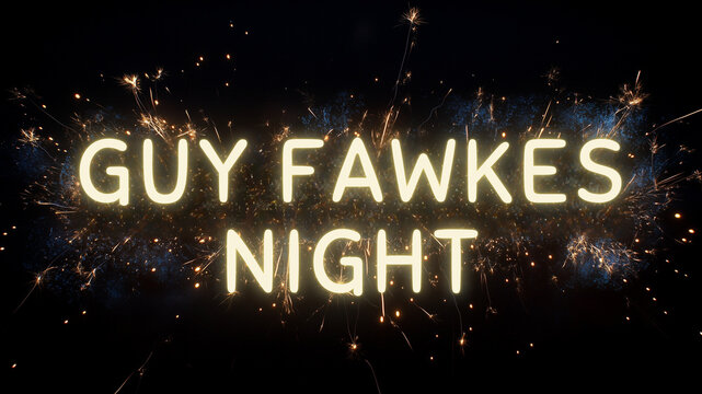 Happy Guy Fawkes' Night greeting text with particles and sparks on black night sky with colored slow motion fireworks on background, beautiful typography magic design.