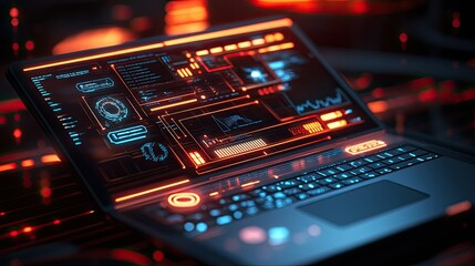 Fototapeta premium A modern laptop displaying a smart digital interface with glowing tech icons and a futuristic theme, creating a high-tech atmosphere