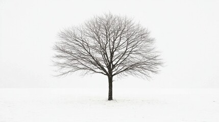 A solitary tree stands amidst a snow-covered meadow during winter, its bare branches contrasting beautifully with the soft white landscape, evoking serenity and calm.
