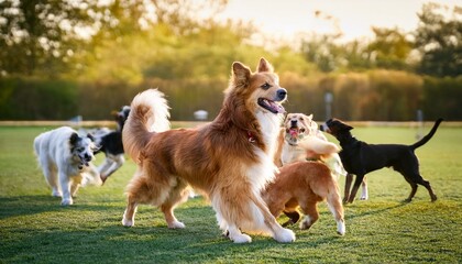 「ドッグパークで他の犬たちと楽しそうに遊んでいる犬。いろんな犬種が集まり、時々っこをしたり、ボールを合わせたりしながら、それぞれが社交的な時間を過ごしている