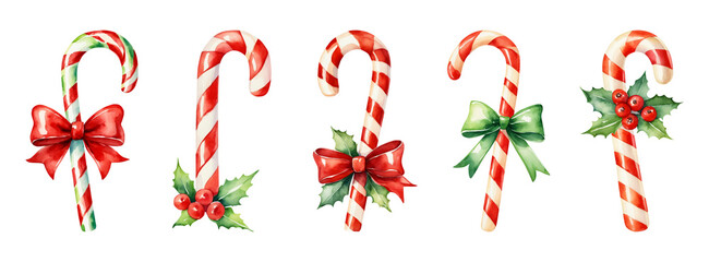 Set of watercolor Christmas Candy cane with red bow and holly leaves isolated on transparent background. New Year festive decor for card, flyer, sticker, packaging, book, print, label.