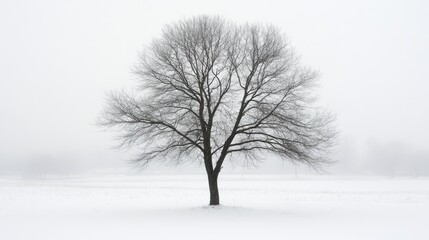 A stark tree silhouette in a snowy meadow during winter, surrounded by untouched snow, captures the essence of isolation and tranquility in a winter landscape