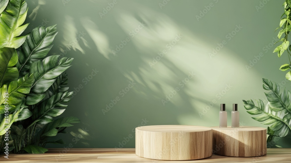 Poster Minimalist Wooden Pedestal in Tropical Greenery Setting for Product Display