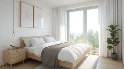 A spacious bedroom features a comfortable bed with white bedding, wooden furniture, and large windows that let in natural light, showcasing a view of lush greenery outside the room.