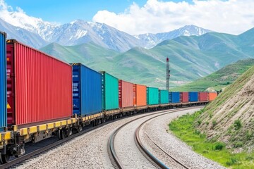 Obraz premium A freight train hauling large cargo containers along a track, set against a stunning mountain backdrop. This image captures the power of transportation under bright midday light, with ample copy space