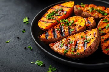 Grilled sweet potato slices garnished with fresh herbs on a dark plate, perfect for healthy meal ideas and delicious side dishes.