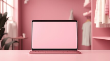 Fototapeta premium A modern laptop with a blank screen against a minimalist pink background. 