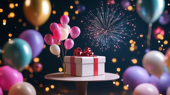 A festive gift box elegantly displayed on a pedestal, surrounded by colorful balloons and vibrant fireworks, creating a joyful celebration atmosphere. This image perfectly captures the essence of part