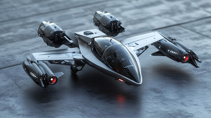 Futuristic VTOL Combat Drone on Metallic Surface