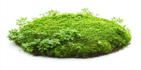 Obraz premium A vibrant green moss patch isolated on a clean white background, showcasing the natural beauty and texture of moss. This image highlights organic growth and the eco-friendly aspects of nature, making 