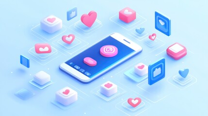 A digital social interaction banner with likes and notifications surrounding a smartphone, showing real-time social media engagement