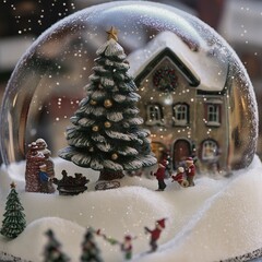 A festive Christmas scene featuring a gingerbread house, a decorated Christmas tree, and a cheerful snowman, surrounded by winter decorations, snowflakes, and holiday ornaments, perfect for seasonal c