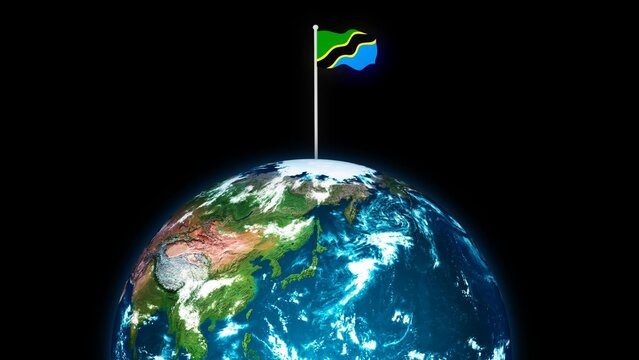 3d rotated planet earth flying Tanzania flag, earth globe with flag