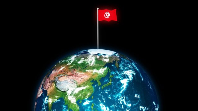 3d rotated planet earth flying Tunisia flag, earth globe with flag