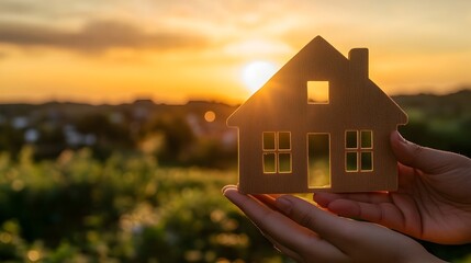 Sunset Silhouette of Miniature House Model Held in Hands