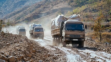 Convoy of Trucks Carrying Relief Supplies to Disaster-Stricken Region for Humanitarian Aid