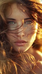 Naklejka premium Serene close up of a woman s face illuminated by sunlight with hair dancing in the breeze