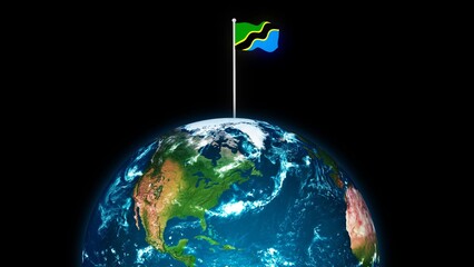 3d rotated planet earth on flying Tanzania flag, earth globe with flag