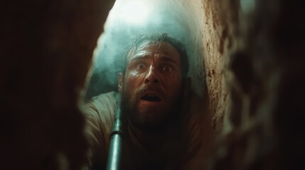 A man, dirt-smudged and within a narrow tunnel, looks upward with a shocked and bewildered expression, capturing a moment of revelation and discovery amid uncertainty.