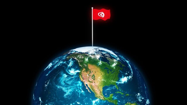3d rotated planet earth on flying Tunisia flag, earth globe with flag
