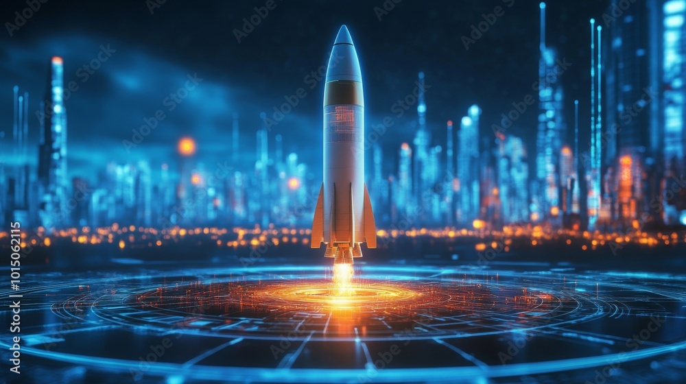Aufkleber a white rocket with orange engines blasts off from a circular launchpad. the rocket is surrounded by
