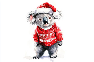 Adorable koala wearing a christmas sweater and santa hat in this festive watercolor illustration
