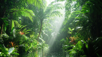 Lush tropical rainforest with vibrant foliage and sunlight filtering through trees in a serene jungle setting