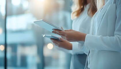 Close-up of Woman's Hand Using a Tablet in a Modern Office Setting
