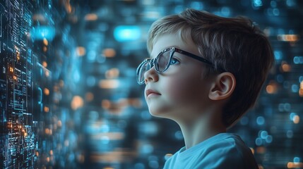 Smart boy with digital background