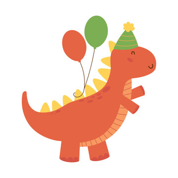 birthday dinosaur celebrating with balloons