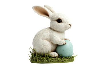 White rabbit with blue egg on green grass transparent background