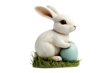 White rabbit with blue egg on green grass transparent background