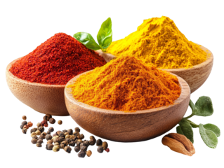Colorful Spices in Wooden Bowls  Turmeric  Paprika  Peppercorns  Herbs
