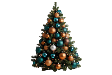 Decorative Christmas tree with colorful ornaments. transparent background