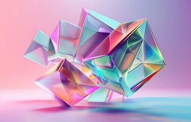 Colorful abstract 3D art background featuring floating holographic geometric shapes against an isolated backdrop. The iridescent texture enhances the visual impact of the design.