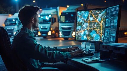 Logistics Manager Monitoring Trucks with Real-Time Tracking and Route Optimization Data