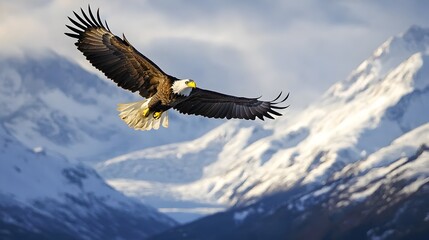 Obraz premium Majestic Eagle Soaring High Above Rugged Mountain Peaks,Symbolizing Freedom and Power
