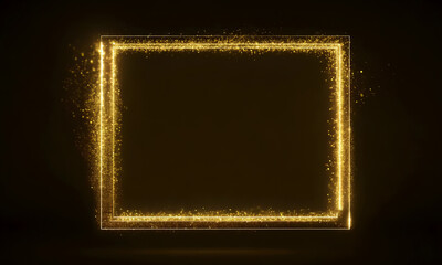 Christmas Golden rectangle square frame Portal with glowing golden sparkles and glitter particles on black background with golden bokeh, VFX