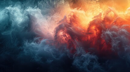 Fototapeta premium Abstract art of Fiery sky with smoke and stormy clouds over the ocean at night