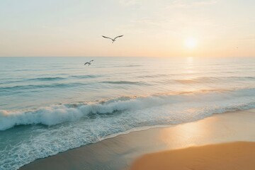Serene sunrise over a tranquil beach with gentle waves and seagulls flying above. Perfect for themes of peace and nature.