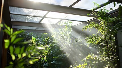 Sunlight Pouring Through Frosted Roof Illuminates Cozy Indoor Garden with Natural Lighting