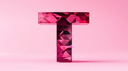 A shiny, pink, glass letter T on a pink background.